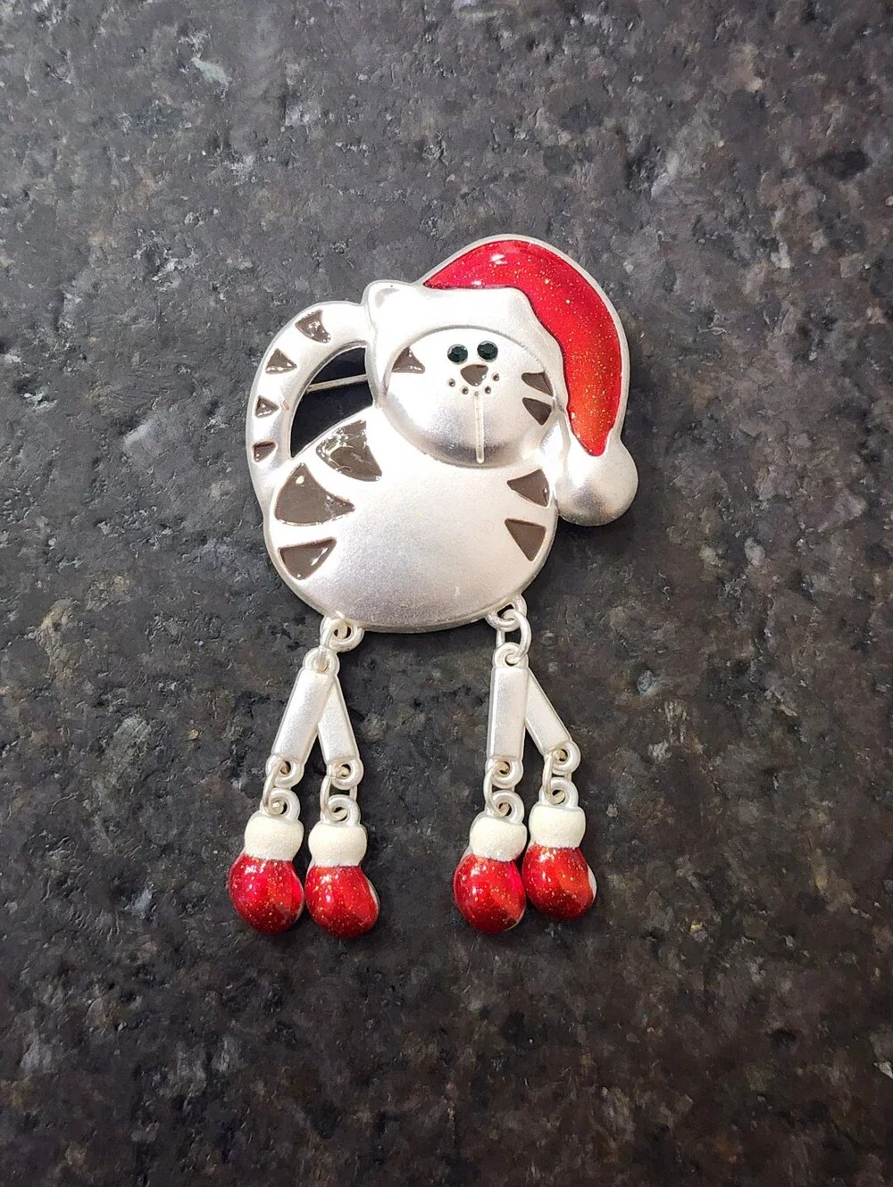 Vintage Christmas Enamel Silver Tone Santa Cat Dangling Legs Holiday Brooch Pin